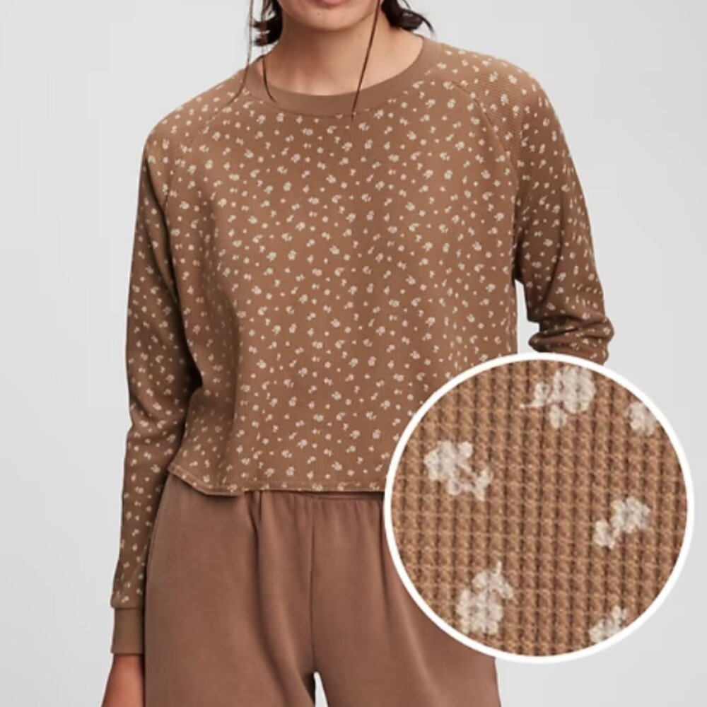 Gap kids waffle crew neck long sleeve shirt tan brown floral size XXL